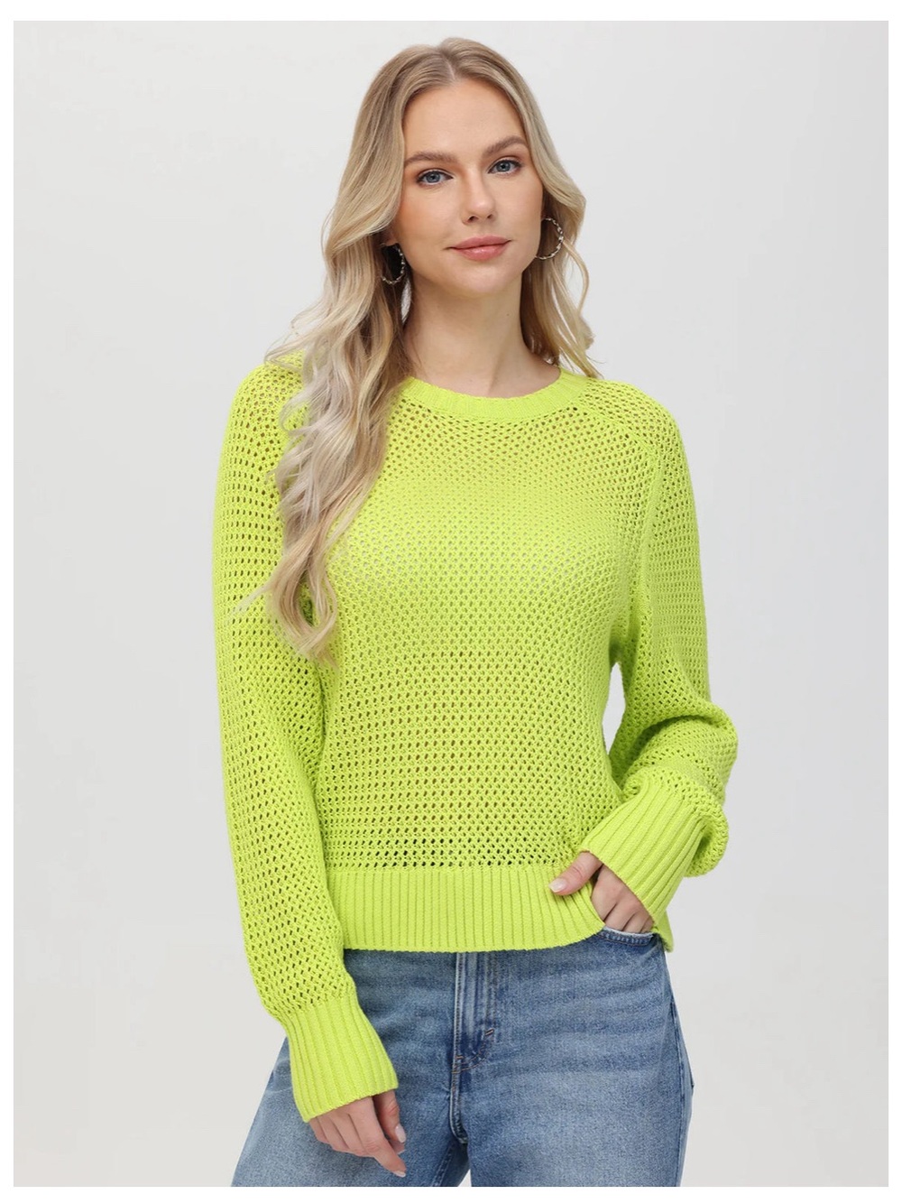 525 America Open-Weave Crewneck Sweater in Neon Lime